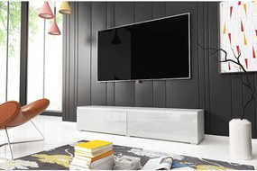 Nowoczesna szafka RTV 140 cm do salonu – 2-drzwiowa, bezuchwytowa, korpus biały mat, fronty biały połysk, stojąca lub wisząca