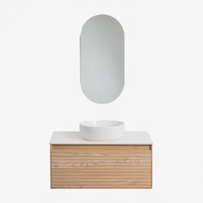 Zestaw Wiszących Mebli Łazienkowych Z Drewna Jesionowego Tedrik Popielaty Brąz & Okrągły Ceramiczny Biały Ø40 Cm - Sklum