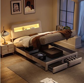 Wielofunkcyjne łóżko z pojemnikiem 140×200 cm z aksamitu z oświetleniem LED, portami USB/Typ-C, zagłówkiem z miejscem do przechowywania i 2 szufladami – beżowe