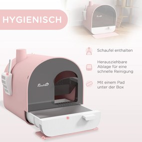 PawHut Kuweta z pokrywą, łopatką, matą łapie-żwirek, plastik, różowy/czarny