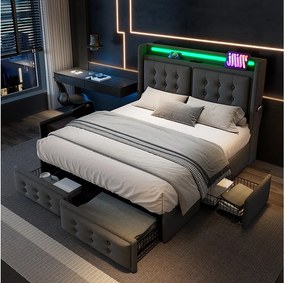 Łóżko dla dorosłych 160x200 cm Łóżko podwójne z oświetleniem LED i USB, 4 szuflady - szary bawełna (bez materaca)