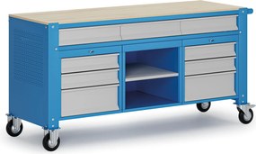 Mobilny stół warsztatowy G9, 1 półka, 9 szuflad, 1690 x 595 x 865-1130 mm, szary/niebieski