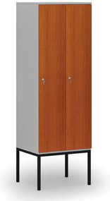 Drewniana szafa ubraniowa z podstawą, 2-drzwiowa, 1871 x 600 x 500 mm, demontaż, zamek cylindryczny, szary/czereśnia