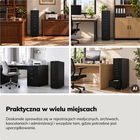 Szafka kartotekowa na kółkach, metalowa, 8 szuflad, na dokumenty, czarna, 300x1100x600 mm: SARA V8