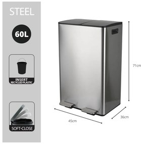Stalowy kosz na śmieci 2x30 l do segregacji odpadów/z pedałem w kolorze matowego srebra Aliya – Spirella