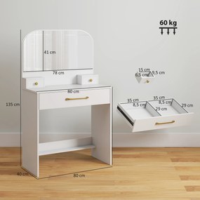 HOMCOM Toaletka z lustrem, Kompaktowa toaletka z 3 szufladami, Biała | Aosom PL