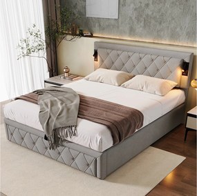 Łóżko ze schowkiem 160 x 200 cm z zagłówkiem - diody LED i porty USB - tkanina lniana - wzór w paski diamentowe - szare (bez materaca)