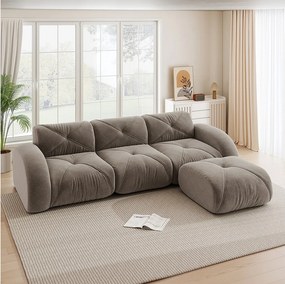 Kanapa Narożna Modułowa 3-osobowa z Pufem z Chenille, Design Minimalistyczny bez Ramy, Siedzisko Głębokie i Elastyczne - Brąz