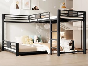 Piętrowe łóżko z metalu w kształcie litery L - 90x200 cm + 140x200 cm - z barierkami bezpieczeństwa i drabiną - Metal - Czarny​ (Materac nie jest wliczony w cenę)