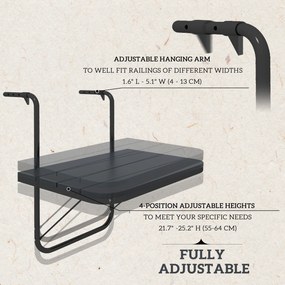 Outsunny Stolik balkonowy do zawieszenia, składany, regulowany na wysokości, rama aluminiowa, blat z tworzywa sztucznego, wykończenie drewna, czarny