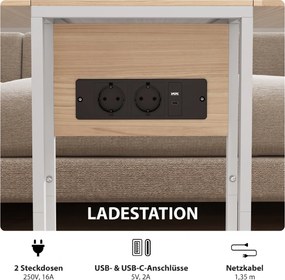 HOMCOM Składany stolik boczny, stacja ładująca z portami USB, metal, 39 x 29 x 57 cm, kolor drewna | Aosom PL
