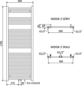 Mexen Pluton grzejnik łazienkowy 1700 x 600 mm, 991 W, czarny - W106-1700-600-00-70