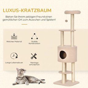 PawHut Drapak 148 cm wysokości drzewko dla kota z kryjówką, 4 zabawki, słupki sizalowe, duża platforma, wielopoziomowy dla kotów do 5 kg | Aosom PL