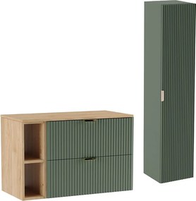 Zielony Zestaw Łazienkowy 100cm Szafka Blat Regał Orzech Słupek Ryflowane Fronty