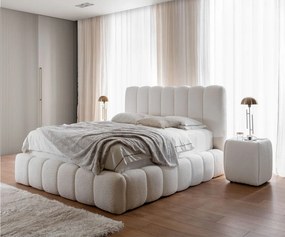 FURNISTAR Łóżko tapicerowane CHLOE z pojemnikiem 140x200|Łóżko dwuosobowe z pojemnikiem i stelażem|Wygląd boxspring|bez materaca|do sypialni-jasnokremowy