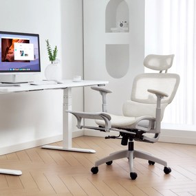 HOMCOM Fotel biurowy ergonomiczny z siatkowym obiciem, regulowany, na kółkach, z podłokietnikami i zagłówkiem, beżowy