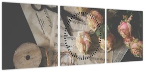Obraz nut i róż (z zegarem) (90x30 cm)