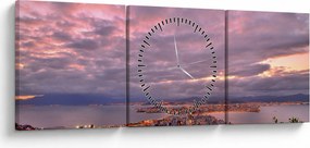 Obraz - Zmierzch nad miastem (z zegarem) (90x30 cm)