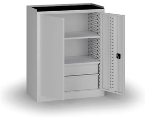 Szafa warsztatowa, 2 półki + 2 szuflady, 1180 × 950 × 500 mm, szare drzwi