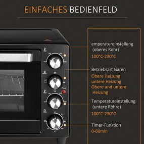 HOMCOM Minipiec Toster, 1 blacha do pieczenia, 1 ruszt, funkcja timera, czarny