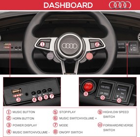 HOMCOM Dziecięcy Samochód Elektryczny, Audi TT RS Roadster, 3 km/h, Pilot, LED, USB, Czarny