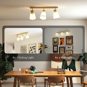 HOMCOM Lampa sufitowa LED 40W, lampa sufitowa z podwójnym montażem i regulowanymi głowicami 90° z 3 gniazdami E27, drewno naturalne