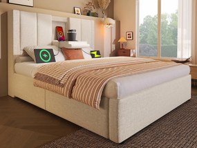 Tapicerowane łóżko z pojemnikiem 90x200cm - z ukrytym schowkiem na kubki - z portami USB i Type-C - z stelażem lamelowym - Len - Beżowy (bez materaca)