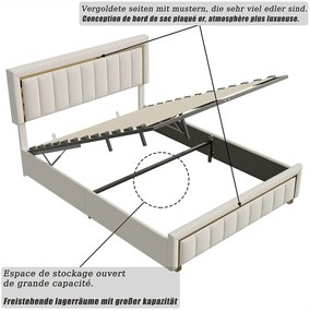 Łóżko z pojemnikiem 160x200 cm beżowy aksamit z stelażem, tapicerowany zagłówek i złota metalowa rama, styl skandynawski