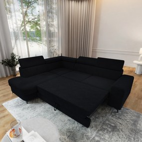 Masseno Narożnik ALVORO z funkcją spania i pojemnikiem na pościel Narozniki L, Rozkładana sofa - Czarny, QUELLE 100