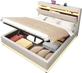 Tapicerowane łóżko z pojemnikiem 180x200 cm - z portem USB Type-C - z oświetleniem LED - z przegródką do przechowywania - Beżowy​ (materac nie jest wliczony w cenę)