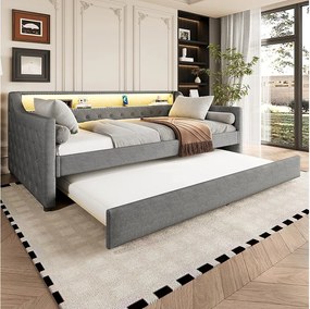 Sofa rozkładana 90 x 200 cm z wysuwanym łóżkiem 90 x 190 cm - z pojemnikiem + diody LED + USB - len - szara