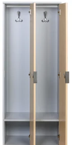 Drewniana szafa ubraniowa z podstawą, 4-drzwiowa, 1871 x 1200 x 500 mm, zamek mechaniczny z kodem, szary/buk