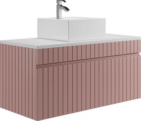 Szafka łazienkowa wisząca ryflowana różowa z umywalką nablatową - 100 cm - SATARA
