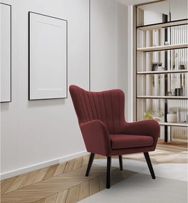 Fotel TED z tkaniny Velluto, wysoka oparcie, szerokie siedzisko, czarne nogi, pionowe przeszycia, 76x78x100 cm, bordowy