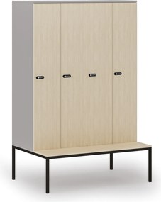 Drewniana szafa ubraniowa S4 z ławką, 4-drzwiowa, 1871 x 1200 x 500/800 mm, demontaż, zamek mechaniczny z kodem, szary/brzoza