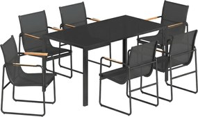 Outsunny Zestaw Mebli Ogrodowych 150 x 80cm Stół Szklany z 6 Oddychającymi Krzesłami Dekoracyjne Podłokietniki Czarny | Aosom PL