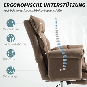 HOMCOM Ergonomiczny fotel biurowy, regulowane oparcie, podnóżek, miękki materiał, Jasnobrązowy