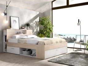 Łóżko ze schowkiem i szufladami - 140 x 190 cm - Kolory: naturalny i biały + Stelaż + Materac - LEANDRE