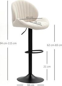 HOMCOM Zestaw 2 Barowych Hokerów w Muszelce, Oparcie, Regulowana Wysokość i Podnóżek, Stalowa Konstrukcja, Beżowy
