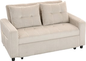 HOMCOM Sofa 2-osobowa z funkcją spania, sztruks, rozkładana, 2 poduszki, kieszenie boczne, 157 x 190 cm, Cremeweiß