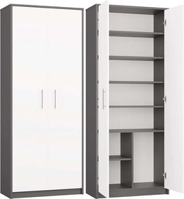 Regał Oliv 2D | Antracyt/ Biel | 74x35x180 cm | Regał Zamykany, 2 Drzwi, 8 Półek
