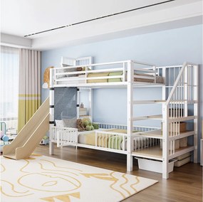 Łóżko piętrowe metalowe dla dzieci - 2 x 90 x 200 cm - ze zjeżdżalnią + schodki do przechowywania + wbudowane półki - białe