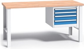 Profesjonalny stół warsztatowy G3 z drewnianym blatem roboczym, 1500 mm, 1x 4 szufladowy kontener, niebieski