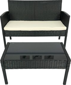 Zestaw Mebli Ogrodowych RIMNI Komplet Sofa Fotele Stół na Taras Ogród TECHNORATTAN Czarny Beżowe Modne Poduszki