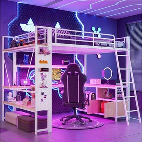 Łóżko piętrowe dla dzieci - 140 x 200 cm - rama żelazna - z diodami LED + biurko + półka + port USB - metalowe - białe