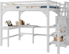 Łóżko mezzanine 140x200cm z drewna - z biurkiem, szafą i stelażem na materac - Białe