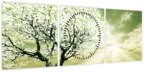 Obraz kwitnącego drzewa (z zegarem) (90x30 cm)