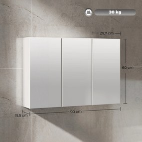HOMCOM Szafa łazienkowa z lustrem, szafka z 3 lustrowanymi drzwiami, montaż na ścianie, 90 x 15,5 x 60 cm, płyta wiórowa, Biała | Aosom PL
