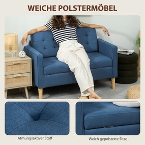 HOMCOM Sofa dwuosobowa z schowkiem, pikowane oparcie, nogi z drewna kauczukowego — 117x62x78 cm, niebieska