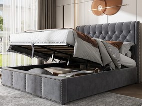 Łóżko z pojemnikiem 140 x 200 cm i zagłówkiem - materiał - stelaż z listew - szare